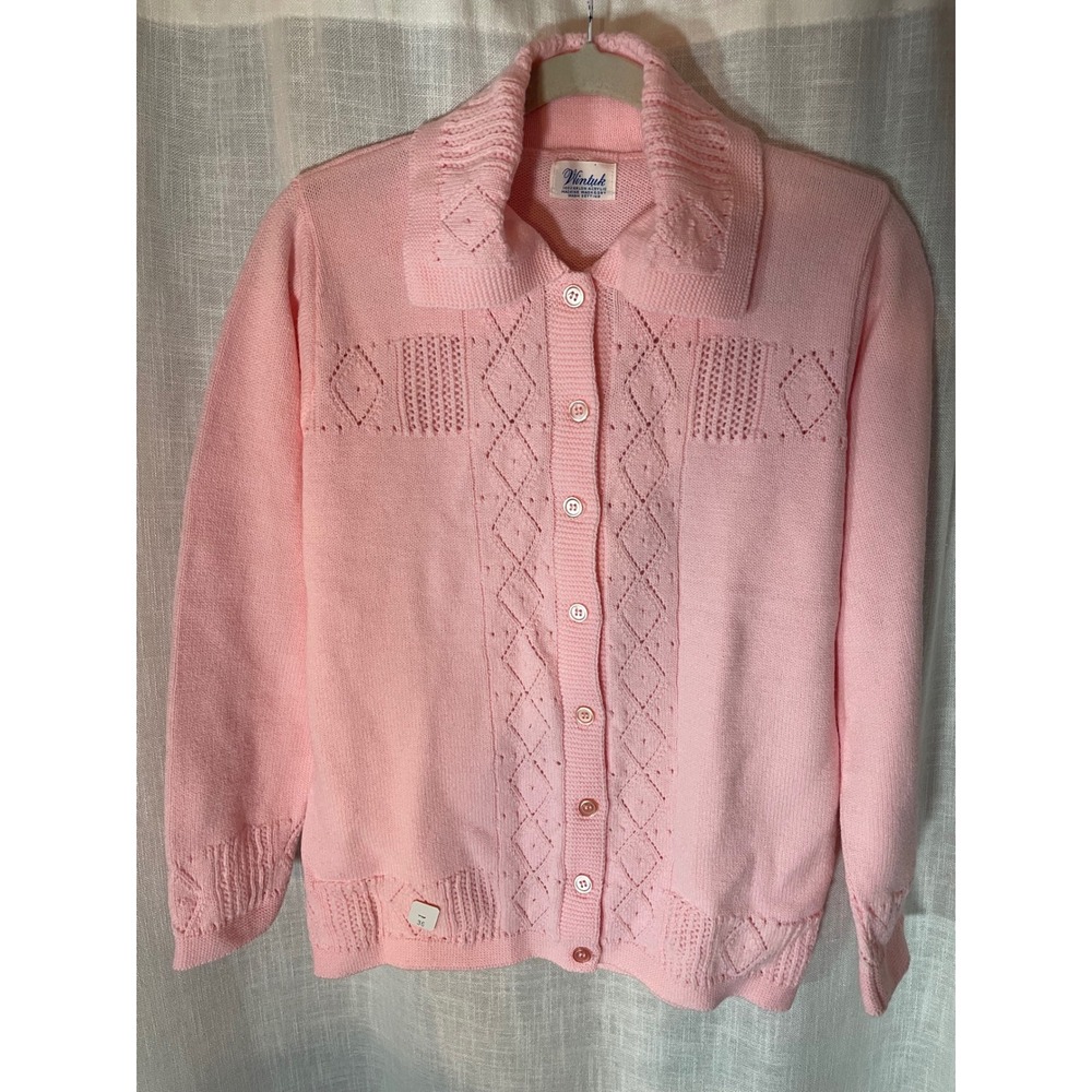 Vintage Wintuk Cardigan Medium Pink Acrylic Pointelle Knit Pearl‎ Buttons  NWOT